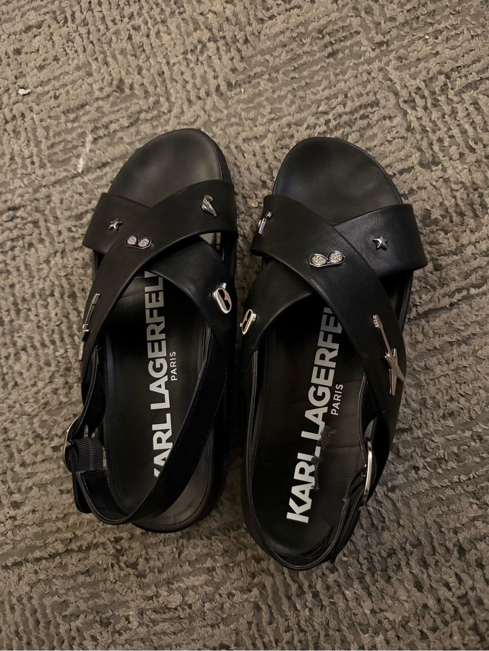 Karl Lagerfeld Black Cross-Strap Charm Sandals